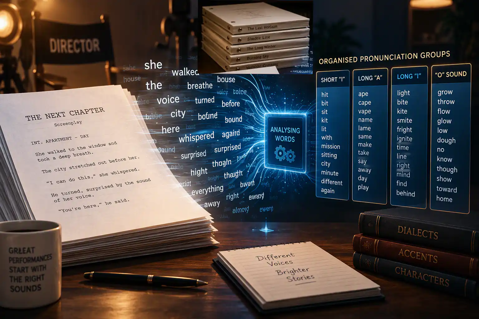 A movie script transforming into organised pronunciation groups